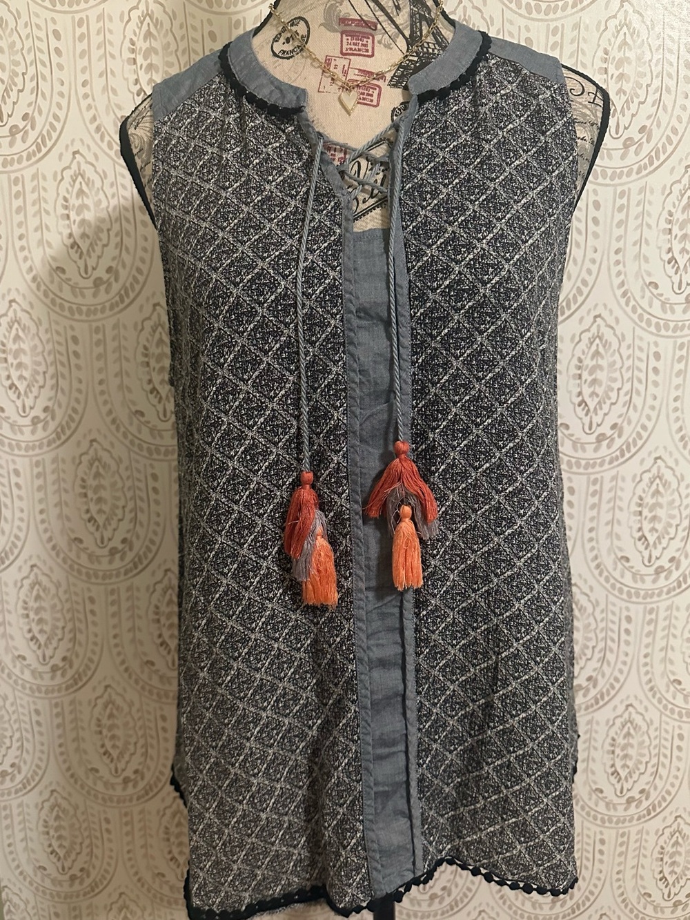 Knox Rose Gray and Blue Boho Tunic with Rust Stitching
